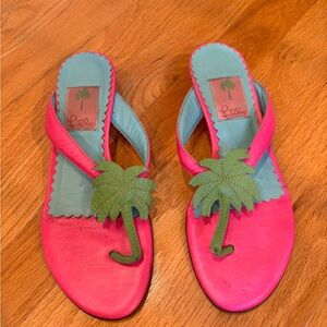 Lilly Pulitzer Vintage Pink Palm Tree Leather Slide Sandals Flip Flops Size 8